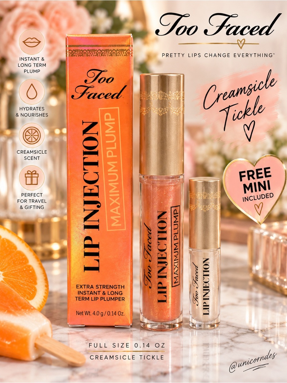 Too Faced Lip Injection Maximum Plump Creamsicle Tickle Full Size + Free Mini